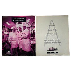 Amtrak Train Print Ad Vintage 1994 Travel Chef Cooks in Kitchen Rail Fan 2 Page
